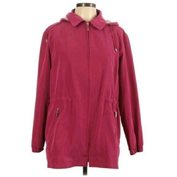Gallery Pink Jacket Windbreaker Raincoat Sz PL Hood Zip Up Drawstring Waist - Picture 2 of 12